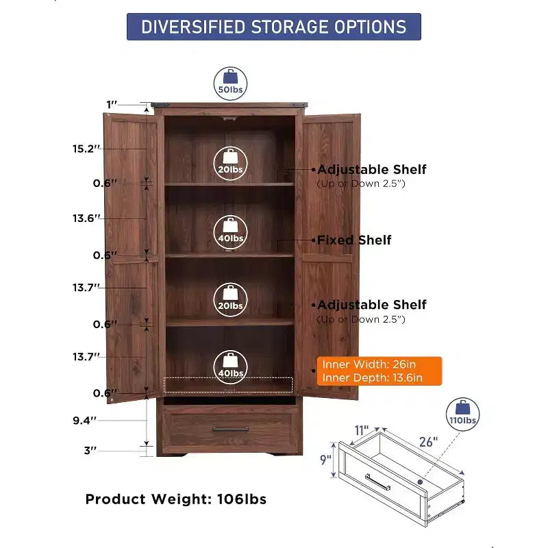 Garde-manger haut de 72 po, armoire de rangement en bois style ferme avec étagères réglables et
