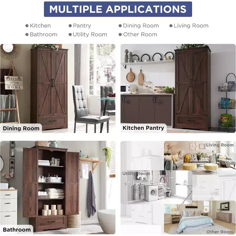 Garde-manger haut de 72 po, armoire de rangement en bois style ferme avec étagères réglables et