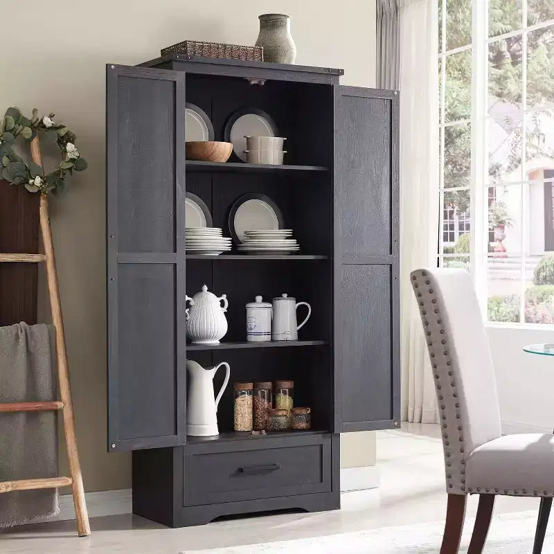 Garde-manger haut de 72 po, armoire de rangement en bois style ferme avec étagères réglables et