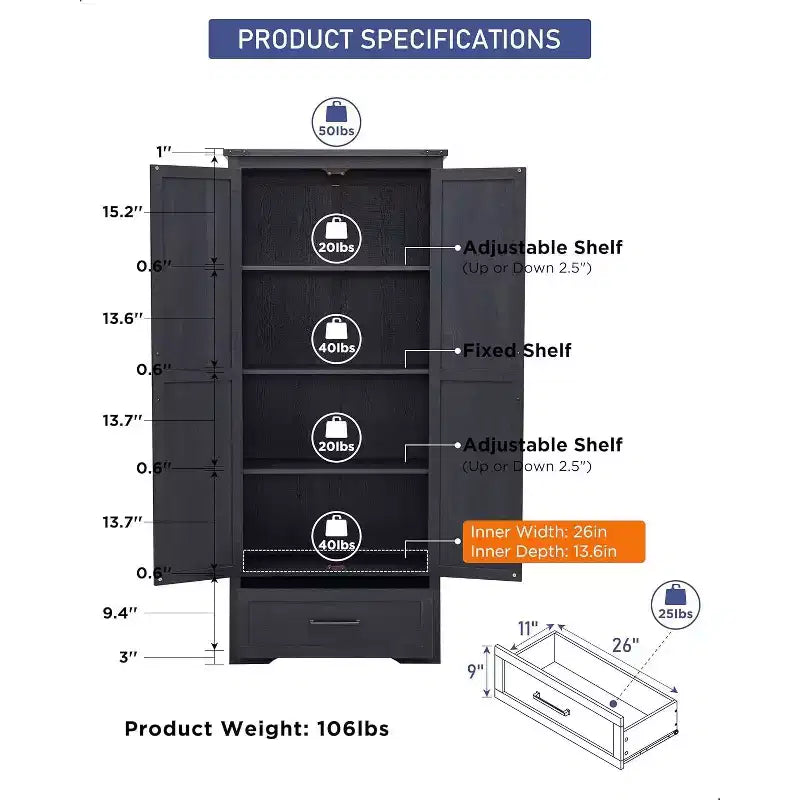 Garde-manger haut de 72 po, armoire de rangement en bois style ferme avec étagères réglables et