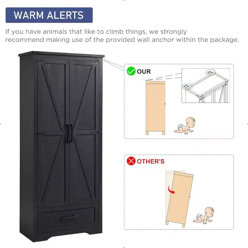 Garde-manger haut de 72 po, armoire de rangement en bois style ferme avec étagères réglables et