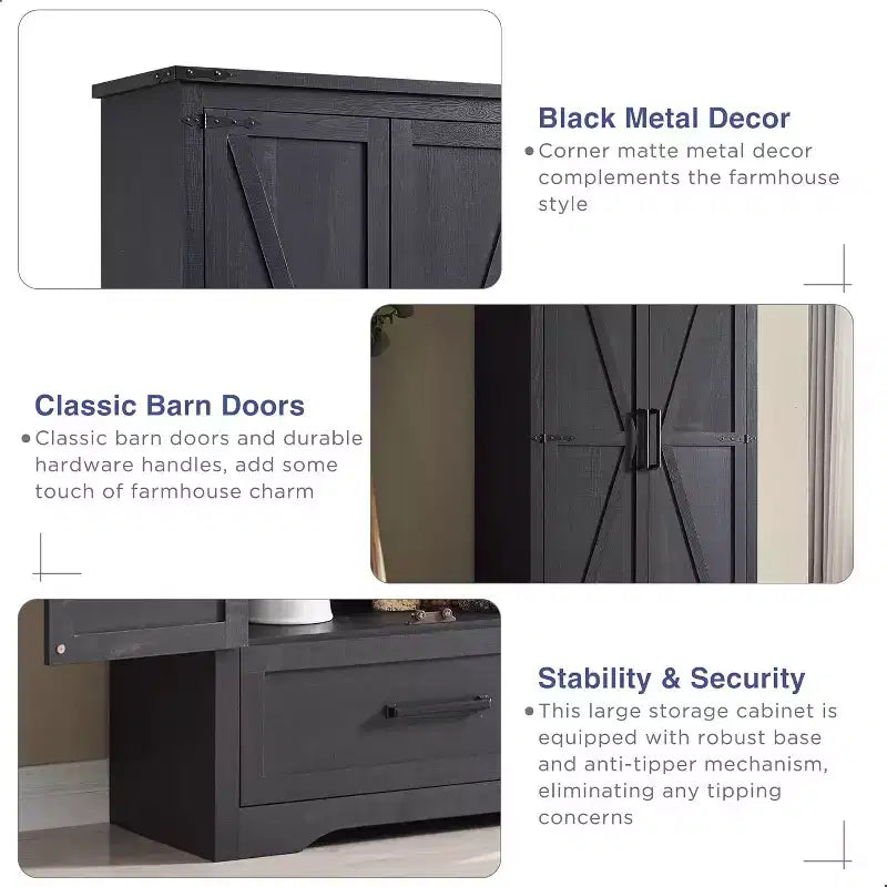 Garde-manger haut de 72 po, armoire de rangement en bois style ferme avec étagères réglables et