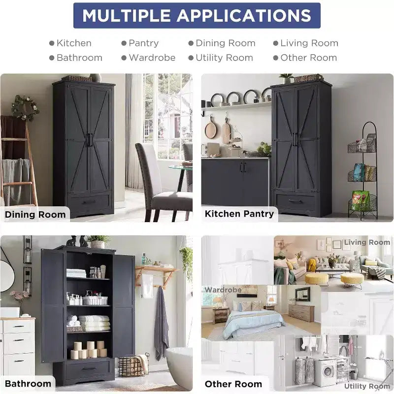 Garde-manger haut de 72 po, armoire de rangement en bois style ferme avec étagères réglables et