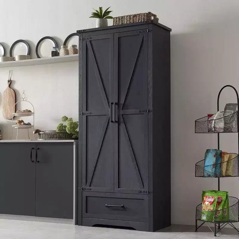 Garde-manger haut de 72 po, armoire de rangement en bois style ferme avec étagères réglables et