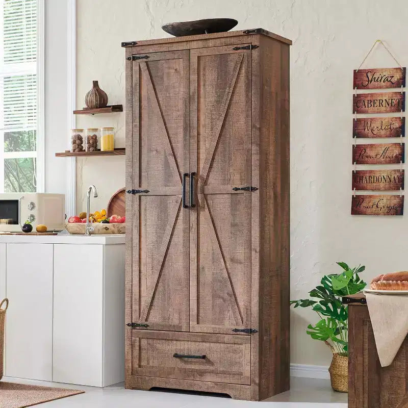 Garde-manger haut de 72 po, armoire de rangement en bois style ferme avec étagères réglables et