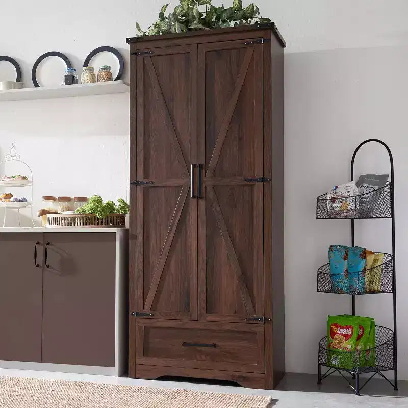 72 Tall Kitchen Pantry, Farmhouse Wood Storage Cabinet with Adjustable Shelves &amp; 2 Barn Doors &amp; Drawer