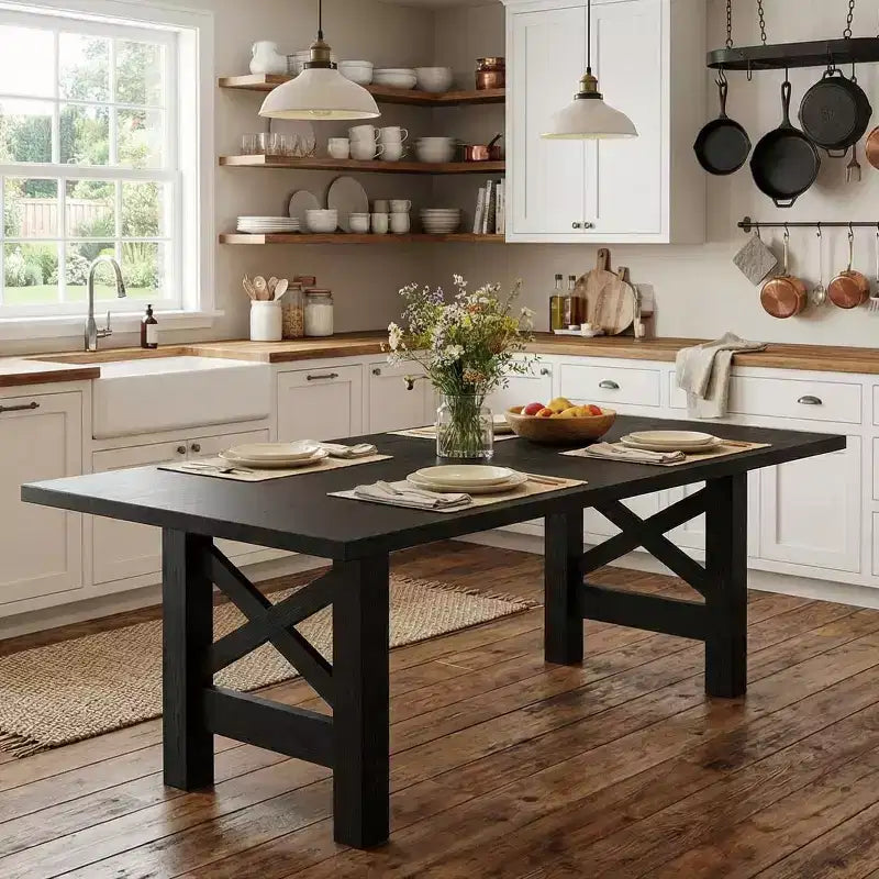 Table de salle à manger de 180 cm pour 6 personnes, grande table de cuisine rectangulaire avec cadre épais et robuste, tables de salle à manger style ferme