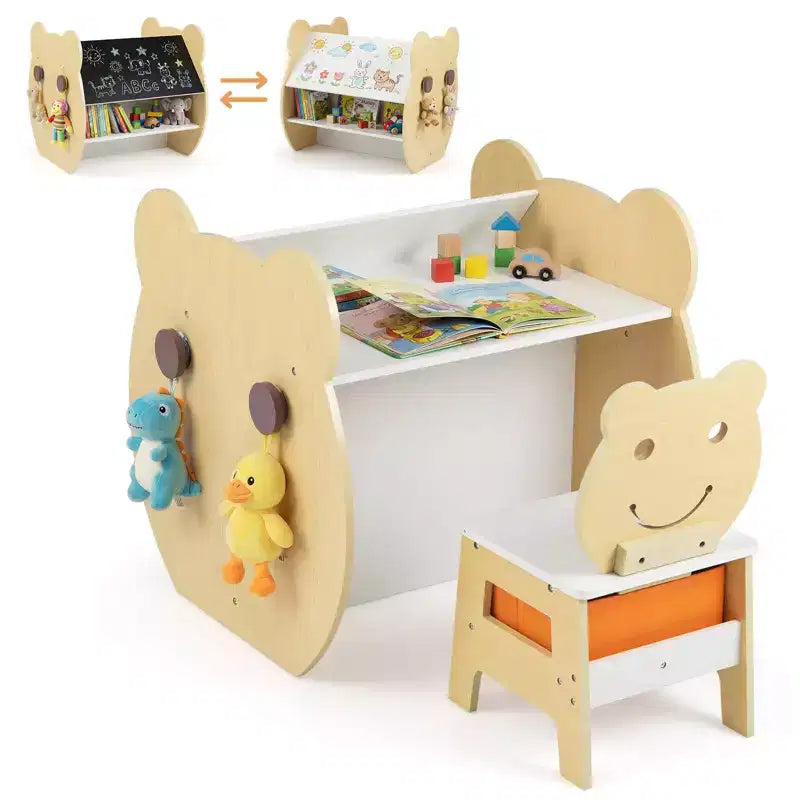 Costway 3-in-1 Kids Art Table &amp; Chair. Reversible Whiteboard/Chalkboard,Storage &amp; Hooks Natural +White/Gray