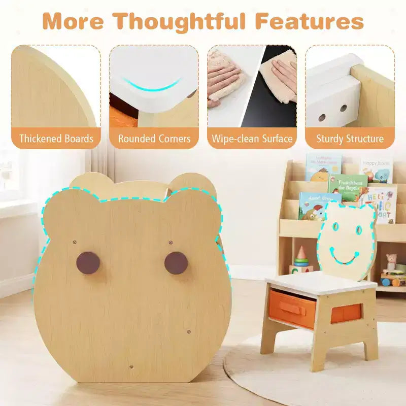 Table et chaise d'art pour enfants. Tableau blanc/tableau noir réversible, rangement et crochets Naturel + Blanc/Gris