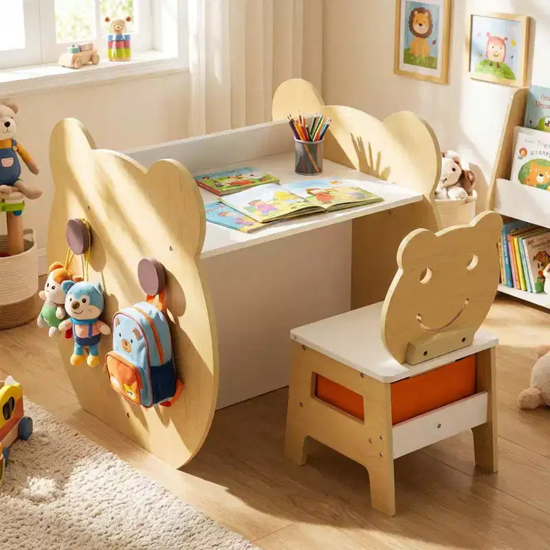 Table et chaise d'art pour enfants. Tableau blanc/tableau noir réversible, rangement et crochets Naturel + Blanc/Gris