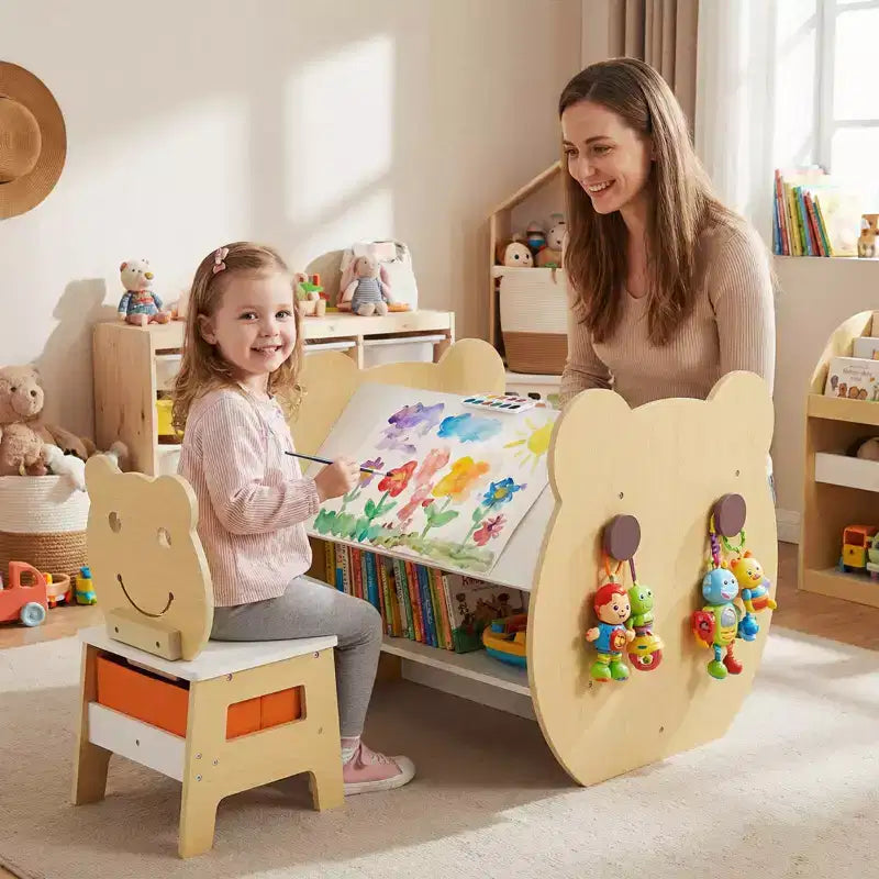 Table et chaise d'art pour enfants. Tableau blanc/tableau noir réversible, rangement et crochets Naturel + Blanc/Gris