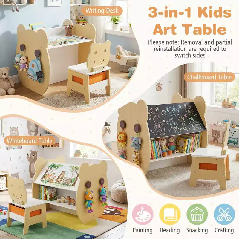 Table et chaise d'art pour enfants. Tableau blanc/tableau noir réversible, rangement et crochets Naturel + Blanc/Gris
