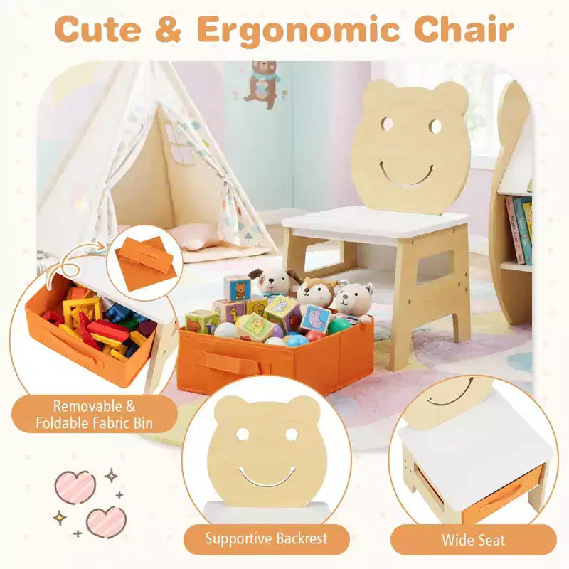 Table et chaise d'art pour enfants. Tableau blanc/tableau noir réversible, rangement et crochets Naturel + Blanc/Gris
