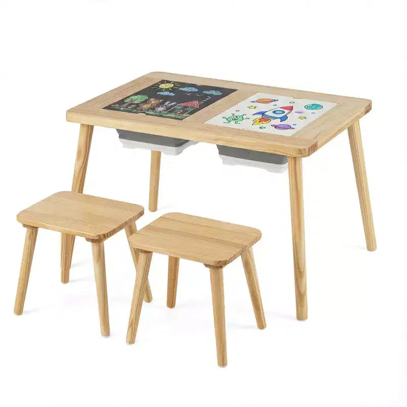 Table et chaises sensorielles pour enfants avec plateau double-face amovible, disponible en couleur bois naturel + blanc + noir/gris