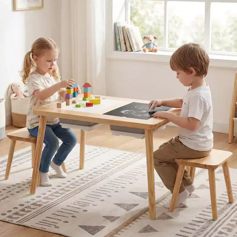 Table et chaises sensorielles pour enfants avec plateau double-face amovible, disponible en couleur bois naturel + blanc + noir/gris