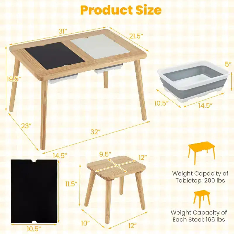Table et chaises sensorielles pour enfants avec plateau double-face amovible, disponible en couleur bois naturel + blanc + noir/gris