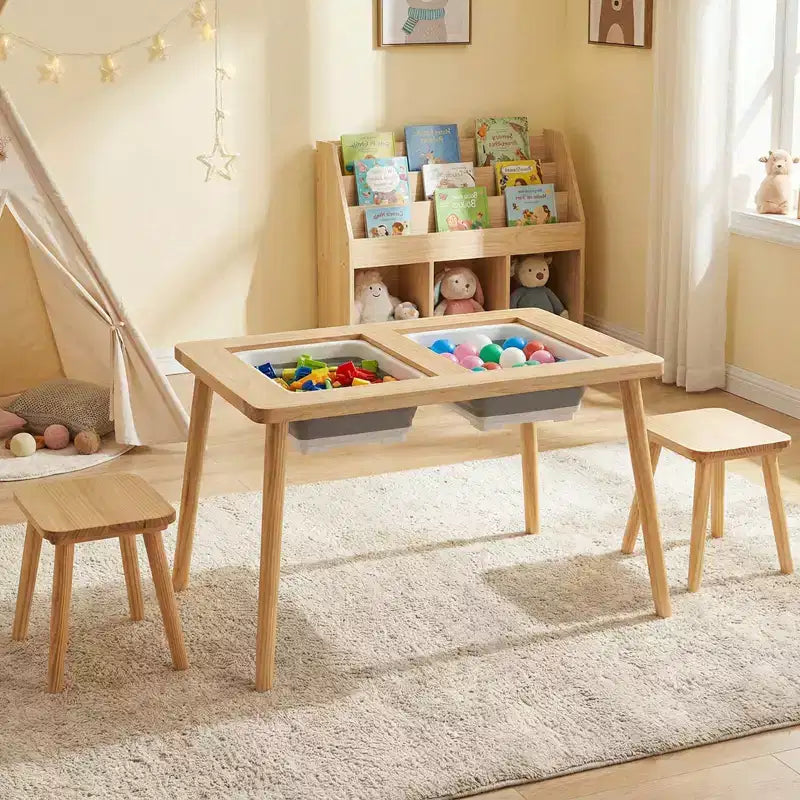 Table et chaises sensorielles pour enfants avec plateau double-face amovible, disponible en couleur bois naturel + blanc + noir/gris