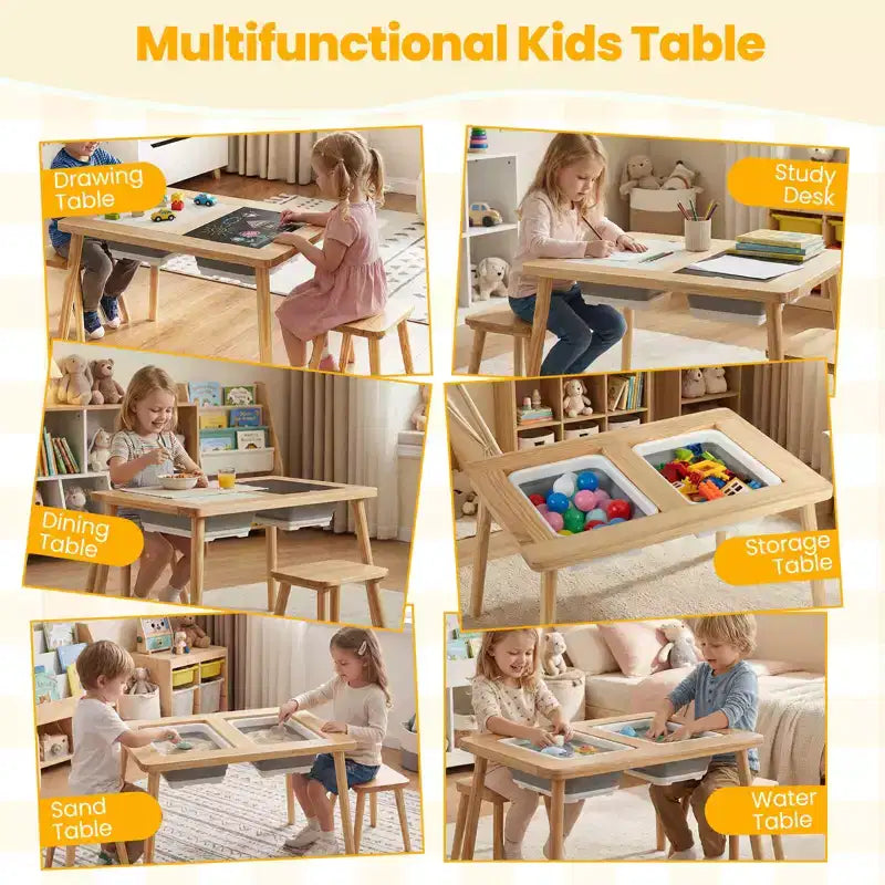 Table et chaises sensorielles pour enfants avec plateau double-face amovible, disponible en couleur bois naturel + blanc + noir/gris