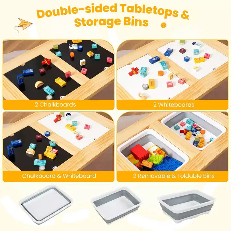 Table et chaises sensorielles pour enfants avec plateau double-face amovible, disponible en couleur bois naturel + blanc + noir/gris