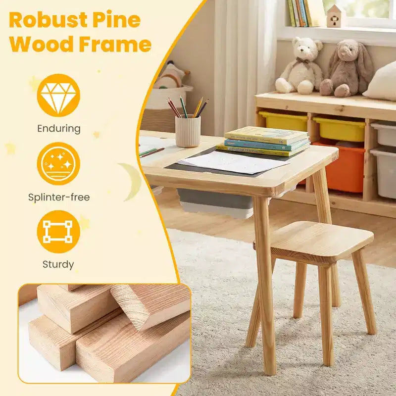 Table et chaises sensorielles pour enfants avec plateau double-face amovible, disponible en couleur bois naturel + blanc + noir/gris