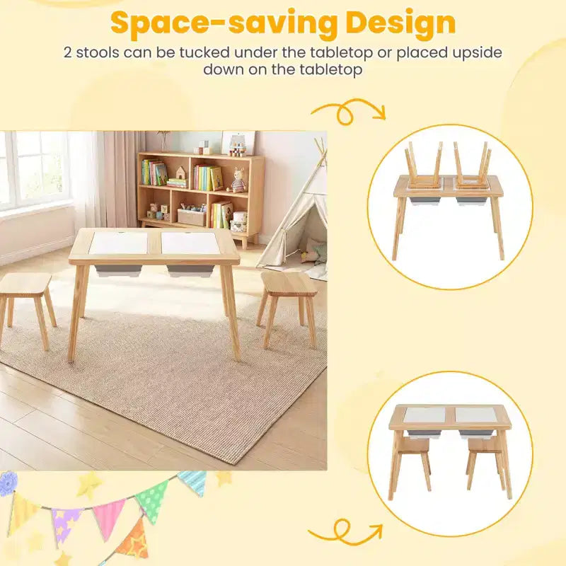 Table et chaises sensorielles pour enfants avec plateau double-face amovible, disponible en couleur bois naturel + blanc + noir/gris