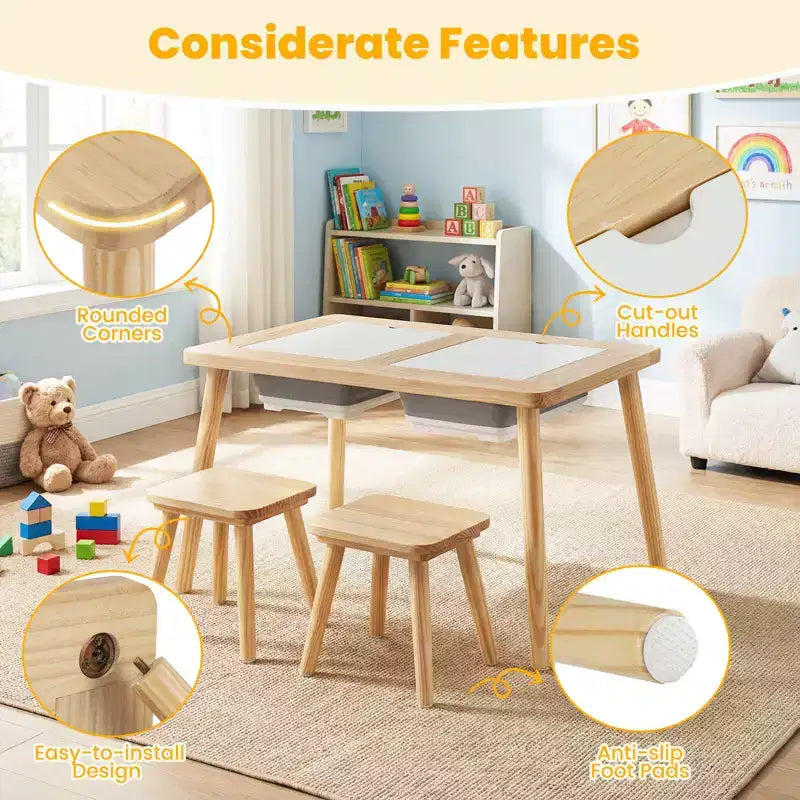 Table et chaises sensorielles pour enfants avec plateau double-face amovible, disponible en couleur bois naturel + blanc + noir/gris