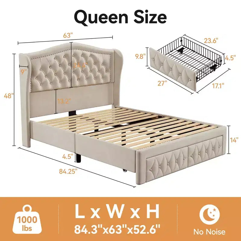 Cadre de lit queen, lit plateforme rembourré en velours avec 2 tiroirs de rangement, tête de lit haute de 133,6 cm avec ailes et capitonnage vertical