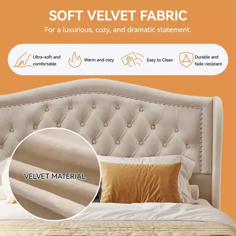 Cadre de lit queen, lit plateforme rembourré en velours avec 2 tiroirs de rangement, tête de lit haute de 133,6 cm avec ailes et capitonnage vertical