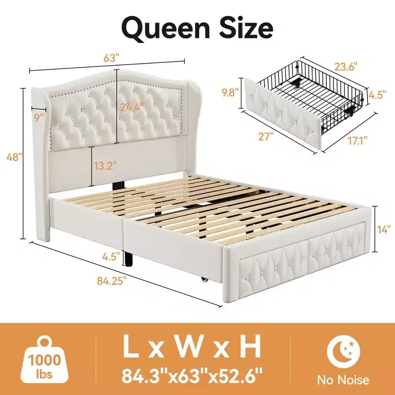 Cadre de lit queen, lit plateforme rembourré en velours avec 2 tiroirs de rangement, tête de lit haute de 133,6 cm avec ailes et capitonnage vertical