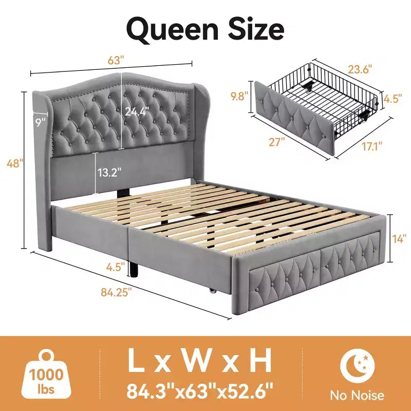 Cadre de lit queen, lit plateforme rembourré en velours avec 2 tiroirs de rangement, tête de lit haute de 133,6 cm avec ailes et capitonnage vertical