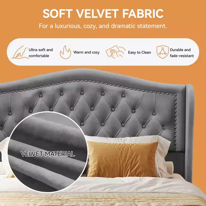 Cadre de lit queen, lit plateforme rembourré en velours avec 2 tiroirs de rangement, tête de lit haute de 133,6 cm avec ailes et capitonnage vertical
