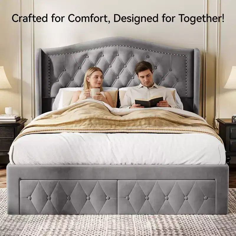 Cadre de lit queen, lit plateforme rembourré en velours avec 2 tiroirs de rangement, tête de lit haute de 133,6 cm avec ailes et capitonnage vertical
