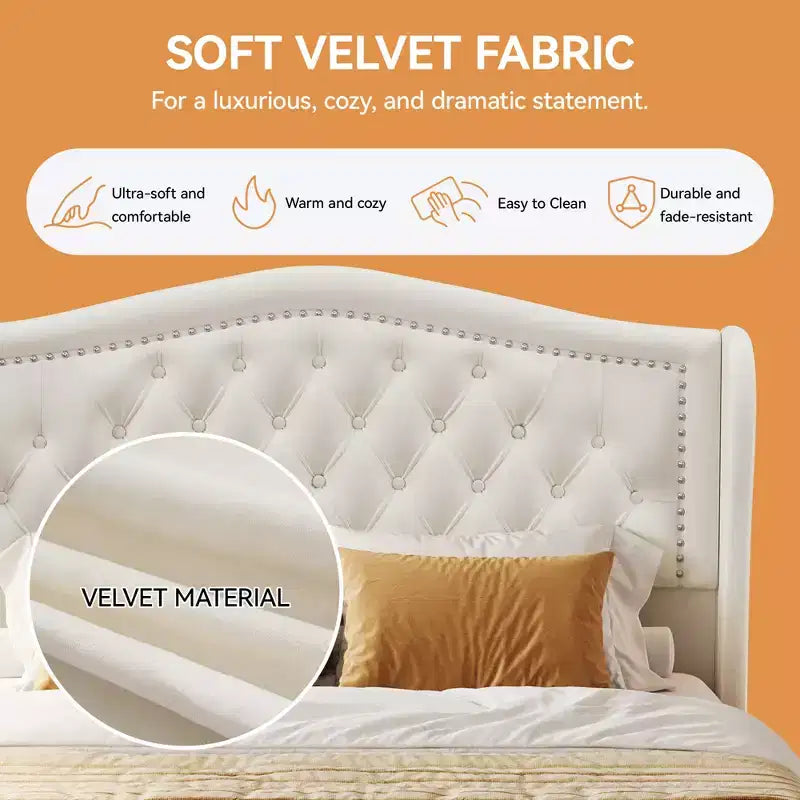 Cadre de lit queen, lit plateforme rembourré en velours avec 2 tiroirs de rangement, tête de lit haute de 133,6 cm avec ailes et capitonnage vertical