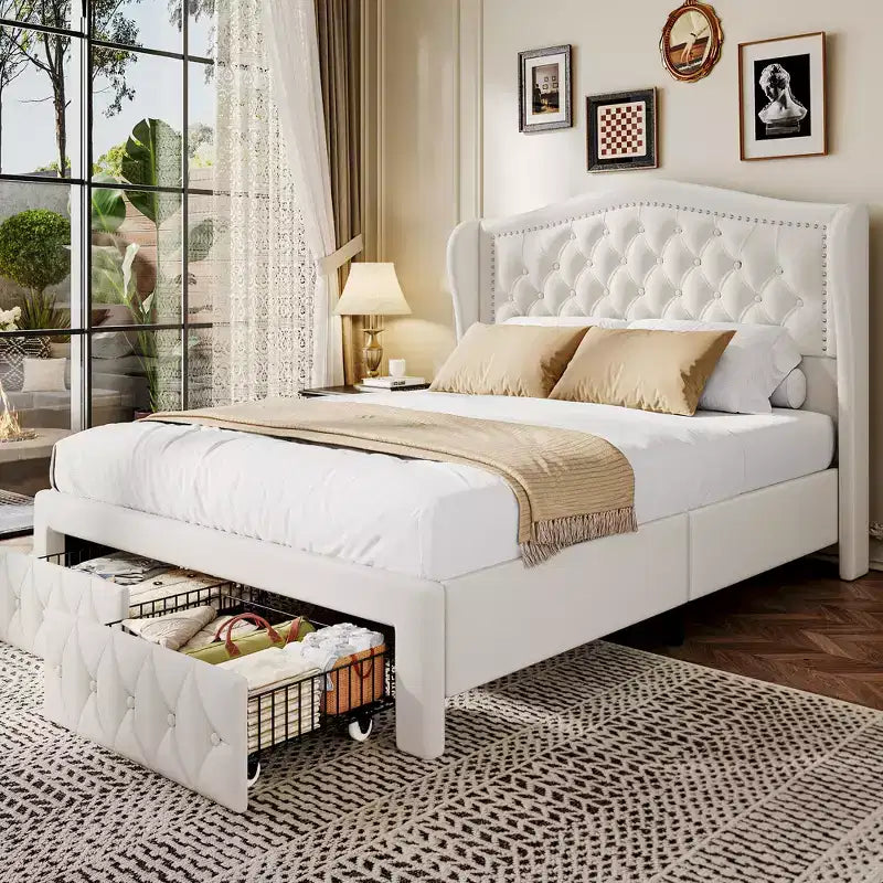 Dyonery Queen Bed Frame, Velvet Upholstered Platform Bed with 2 Storage Drawers, 52.6 Tall Wingback &amp; Vertical Tufted Headboard Design