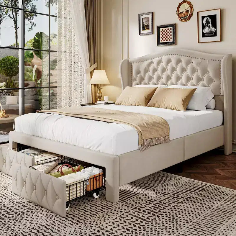 Cadre de lit queen, lit plateforme rembourré en velours avec 2 tiroirs de rangement, tête de lit haute de 133,6 cm avec ailes et capitonnage vertical