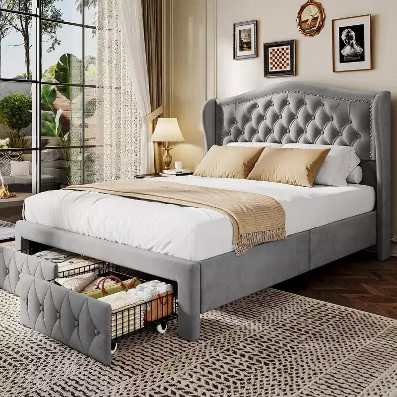 Cadre de lit queen, lit plateforme rembourré en velours avec 2 tiroirs de rangement, tête de lit haute de 133,6 cm avec ailes et capitonnage vertical
