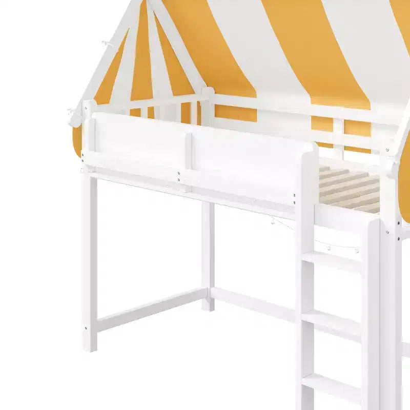Lit mezzanine avec baldaquin, lumières LED et étagère à livres