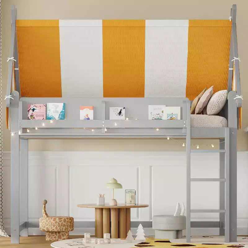 Lit mezzanine avec baldaquin, lumières LED et étagère à livres