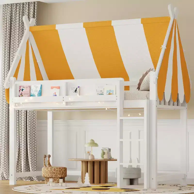 Lit mezzanine avec baldaquin, lumières LED et étagère à livres