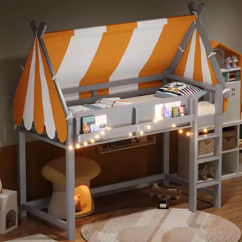 GDF Studio Beasley Loft Bed with Canopy, LED Lights &amp; Book Shelf