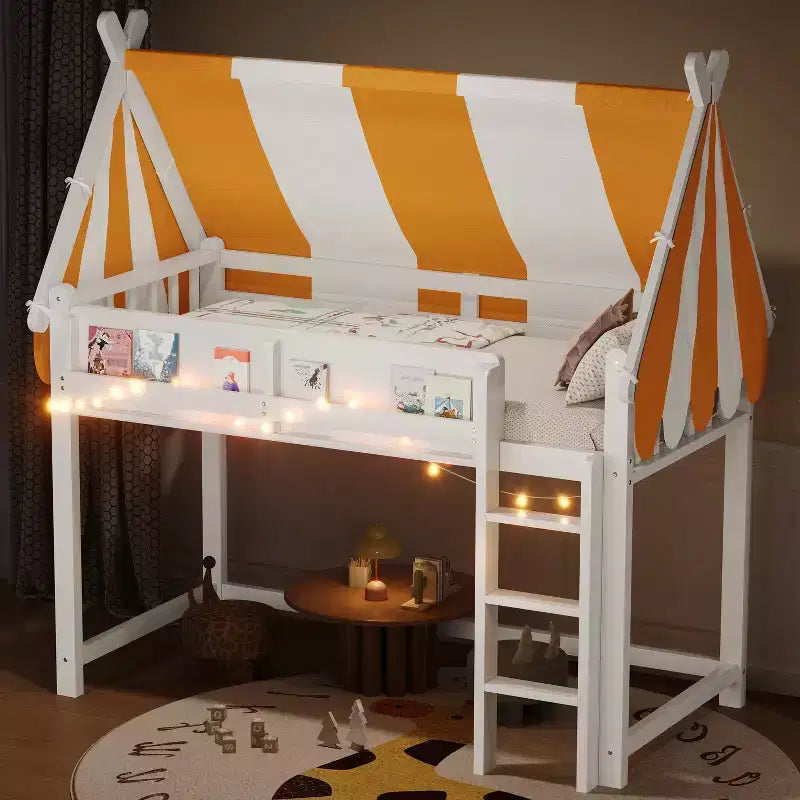 Lit mezzanine avec baldaquin, lumières LED et étagère à livres