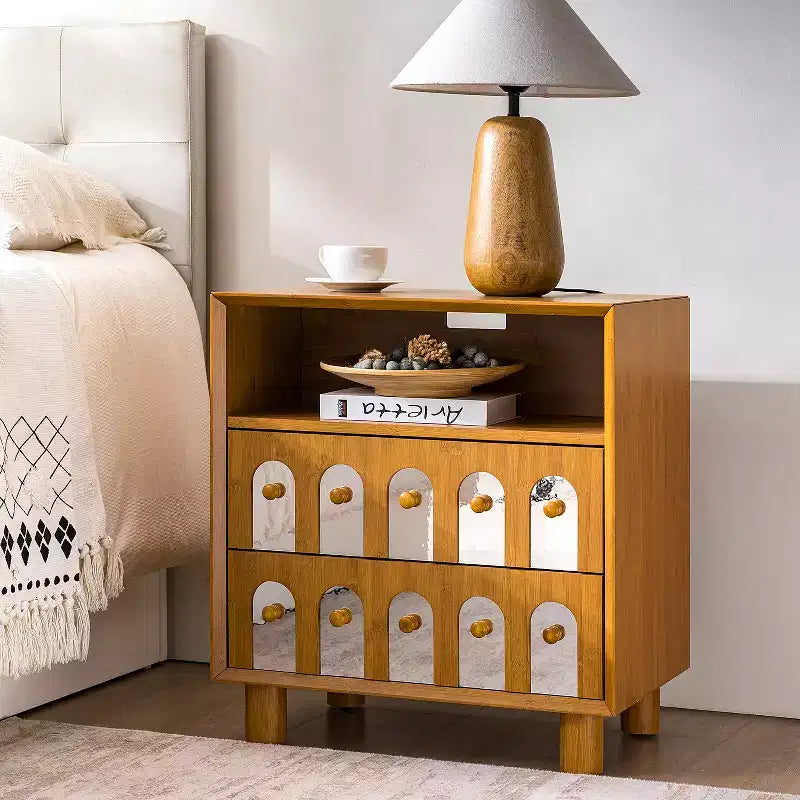 Nightstand with 2 Drawers, Mirror Fronts, and Built-in Charging Station