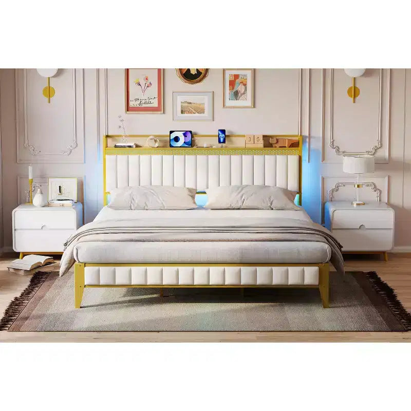 King Bed Frame, Upholstered Platform Bed Frame with Headboard, Heavy-Duty Metal Slat Support, No Box Spring Needed  Gold + White
