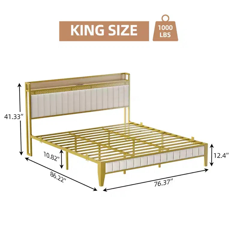 Cadre de lit King size, Cadre de lit plateforme tapissé avec tête de lit, Support à lattes en métal robuste, Aucun sommier tapissier requis Or + Blanc