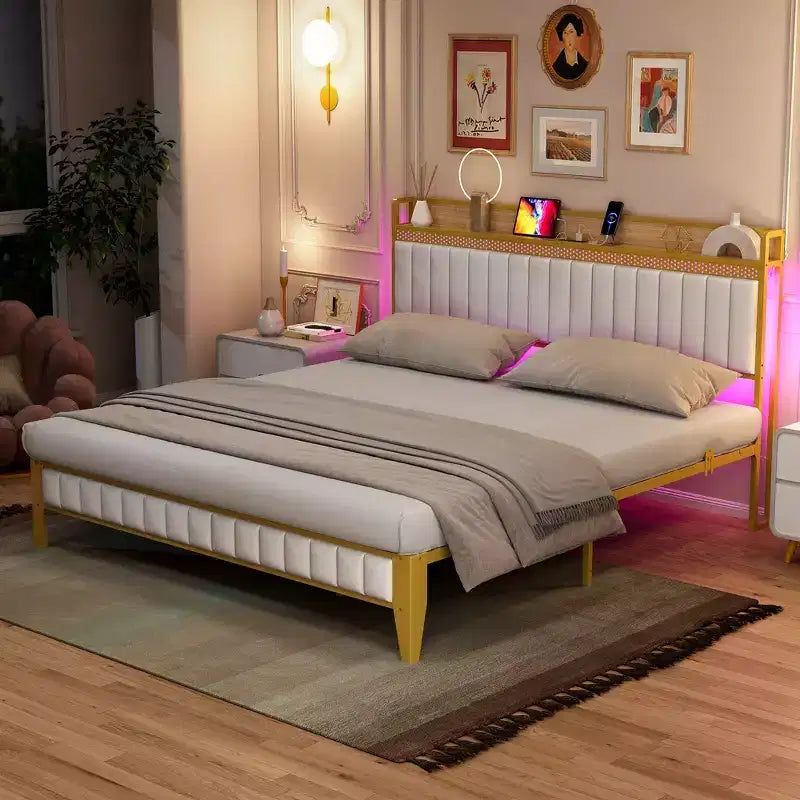 Cadre de lit King size, Cadre de lit plateforme tapissé avec tête de lit, Support à lattes en métal robuste, Aucun sommier tapissier requis Or + Blanc