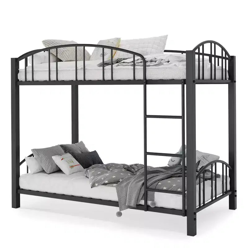 Heavy Duty Twin Over Twin Metal Bunk Bed - Sturdy Steel Frame &amp; Arched Guardrail - Safety Ladder, Space-Saving, Modern Bedroom Furniture