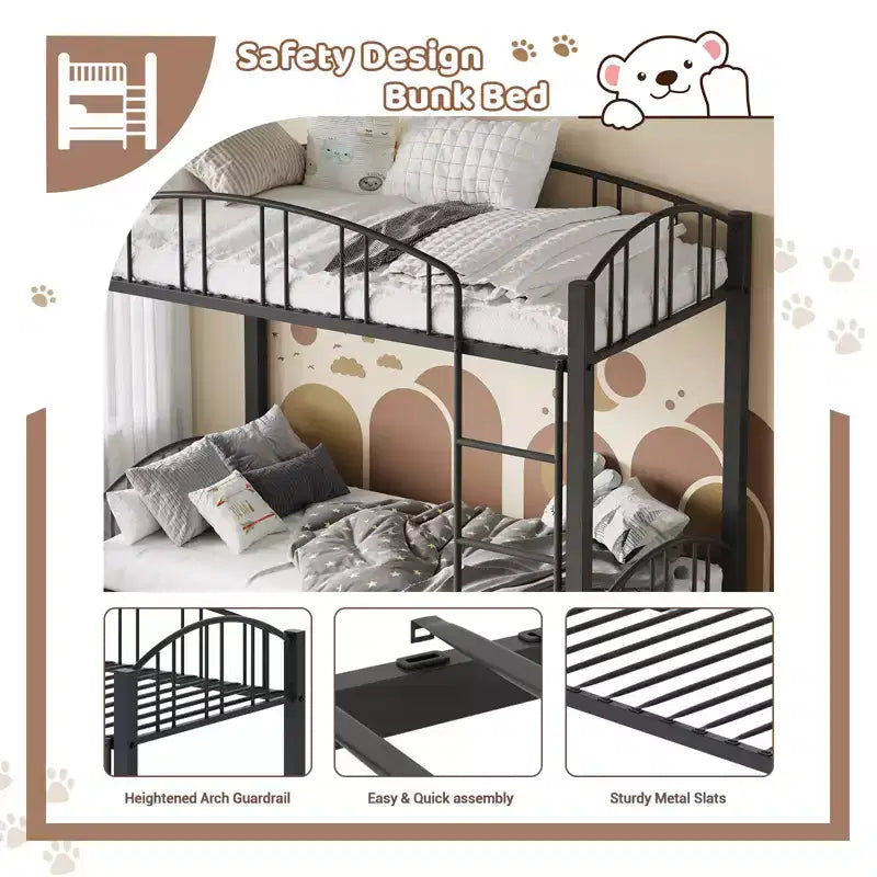 Lit superposé double en métal robuste – Cadre en acier solide et garde-corps arqué – Échelle sécurisée, gain de place, mobilier de chambre moderne