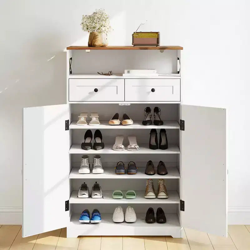 Meuble à chaussures avec portes et 2 tiroirs, étagères réglables, organisateur de rangement pour entrée, couloir, salon