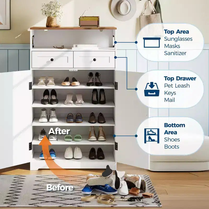Meuble à chaussures avec portes et 2 tiroirs, étagères réglables, organisateur de rangement pour entrée, couloir, salon