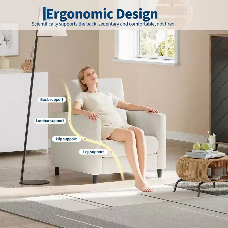 Canapé lounge Une chaise rembourrée moderne adaptée au salon ou à la chambre, dotée d'un cadre en bois de style milieu de siècle, confortable et compact.